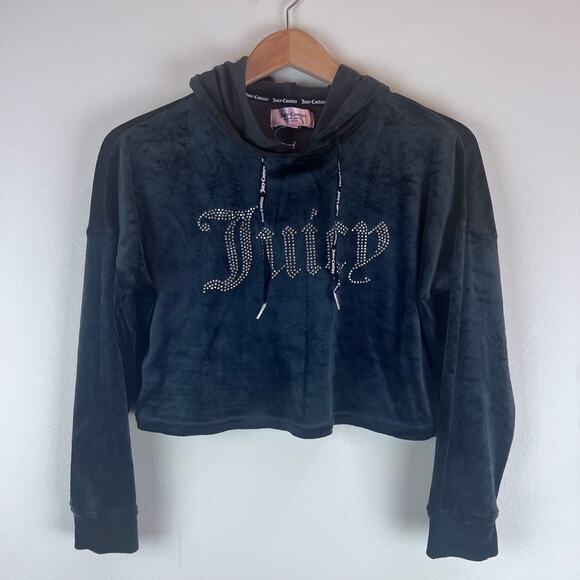 Juicy Couture Two Piece Set Hoodie Top Pants Velour Velvet Black Crystal Soft S - Picture 1 of 12